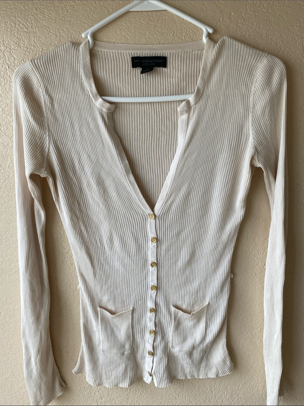 Express Design Studios Silk Ribbed Button-Front Sweater Cardigan - Cream